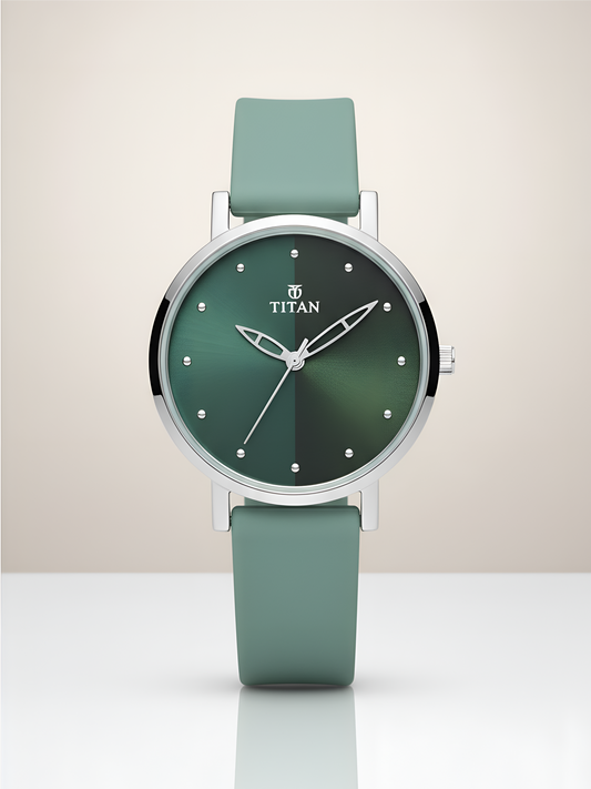 Titan Neo Analog with Day and Date Green Dial Green Color Leather Strap Watch for Women
