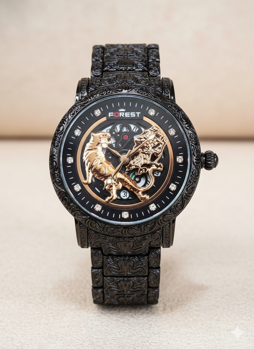 Forest Luxury Black copper Dial Wrist Watches, Vintage Carved Pattern Band, Quartz Movement for Men