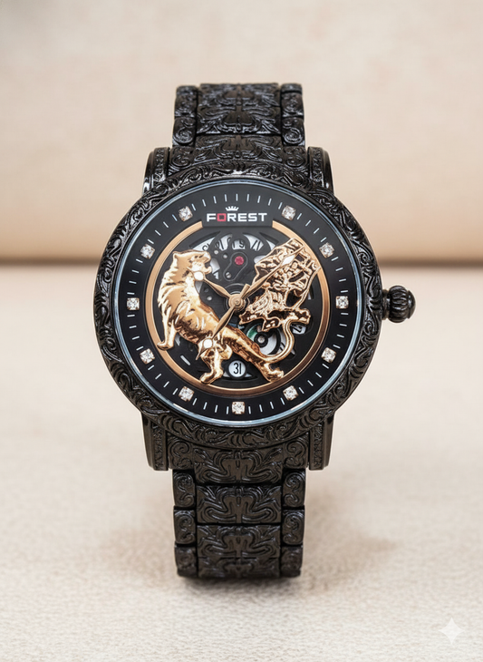 Forest Luxury Black copper Dial Wrist Watches, Vintage Carved Pattern Band, Quartz Movement for Men