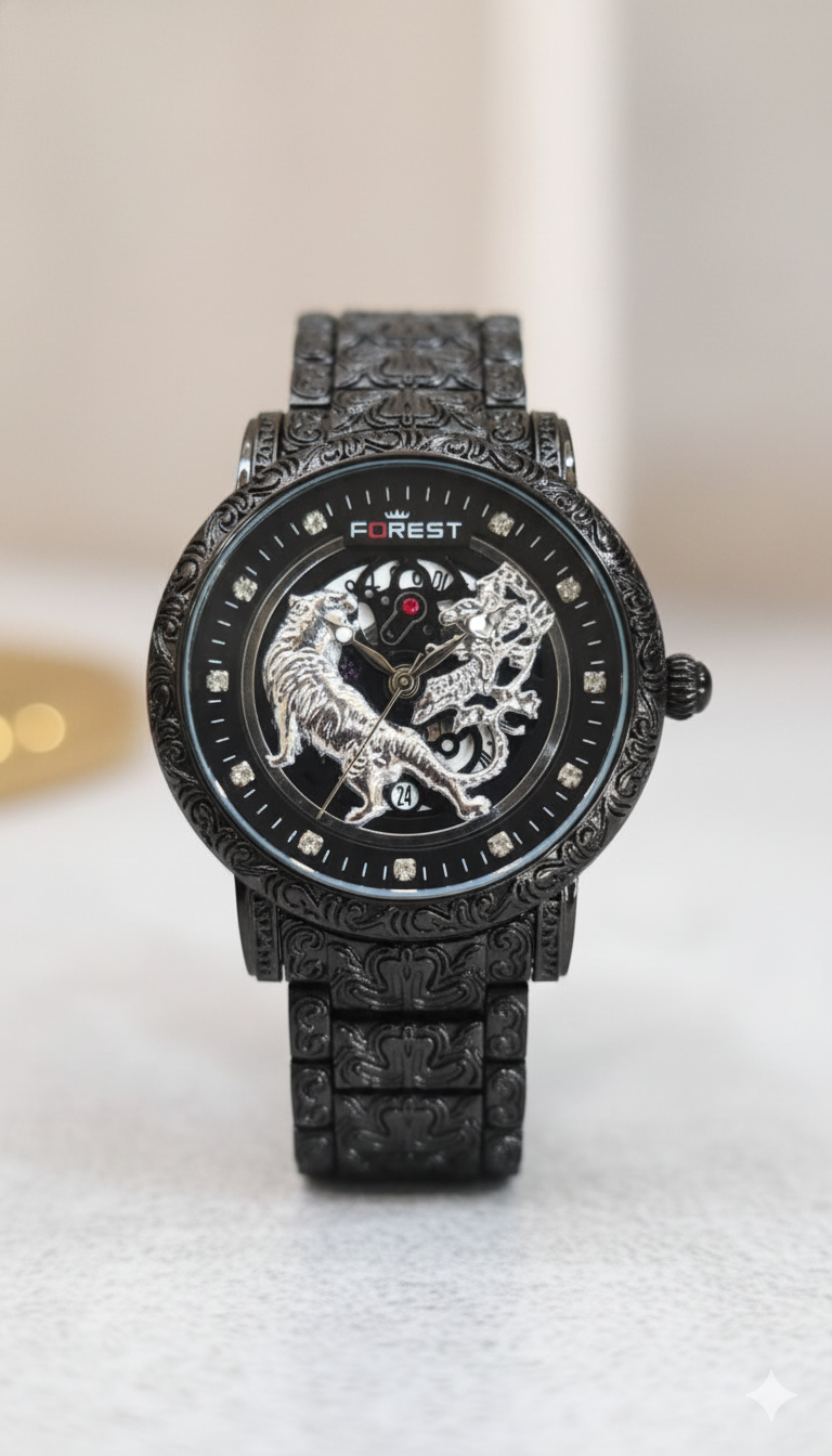 Forest Luxury Black silve Dial Wrist Watches, Vintage Carved Pattern Band, Quartz Movement for Men