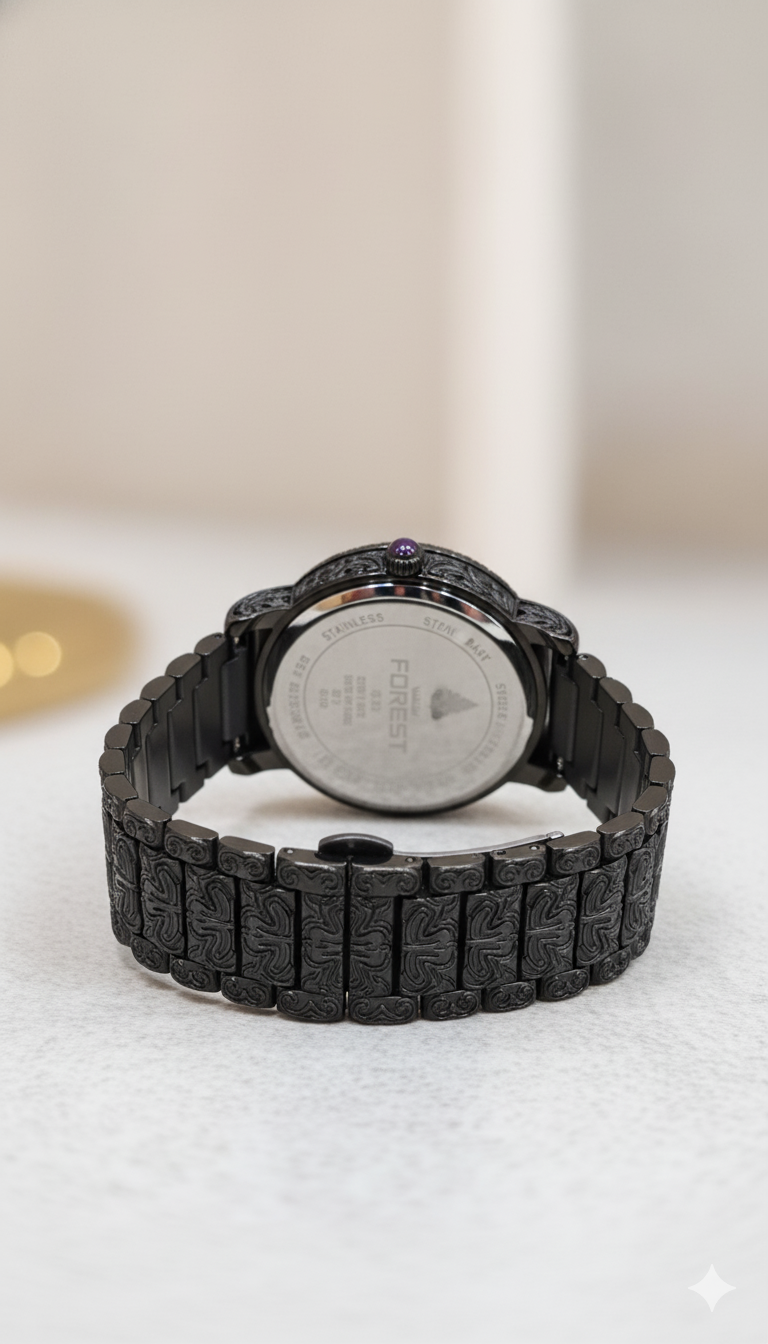 Forest Luxury Black silve Dial Wrist Watches, Vintage Carved Pattern Band, Quartz Movement for Men