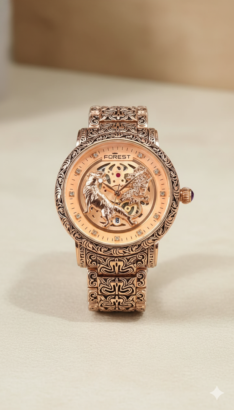 Forest Luxury Gold-Tone Dial Wrist Watches, Vintage Carved Pattern Band, Quartz Movement for Men