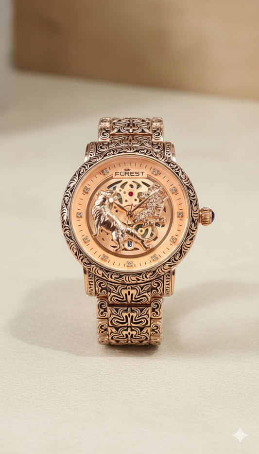 Forest Luxury Gold-Tone Dial Wrist Watches, Vintage Carved Pattern Band, Quartz Movement for Men