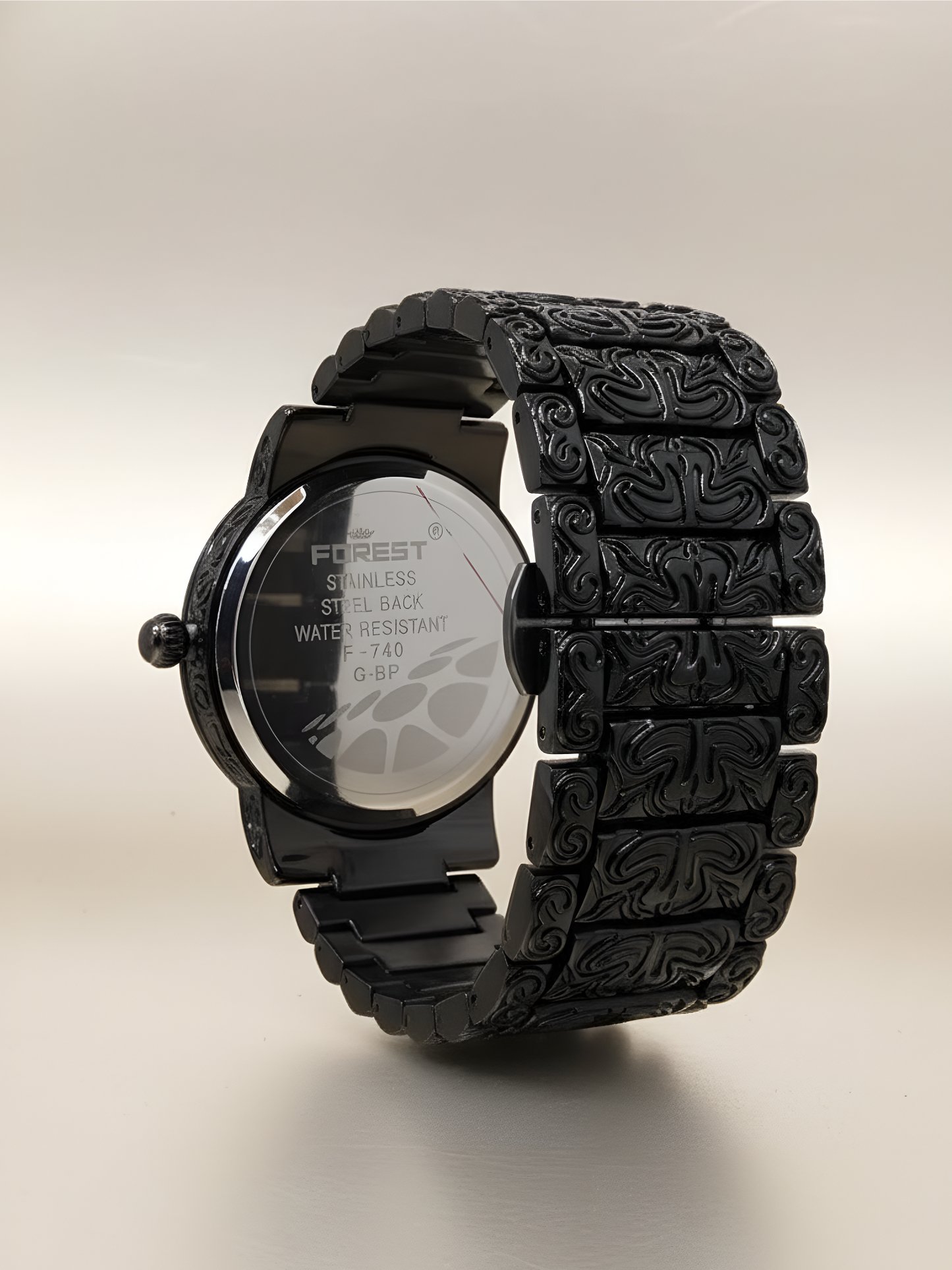 Forest Luxury Black silve Dial Wrist Watches, Vintage Carved Pattern Band, Quartz Movement for Men