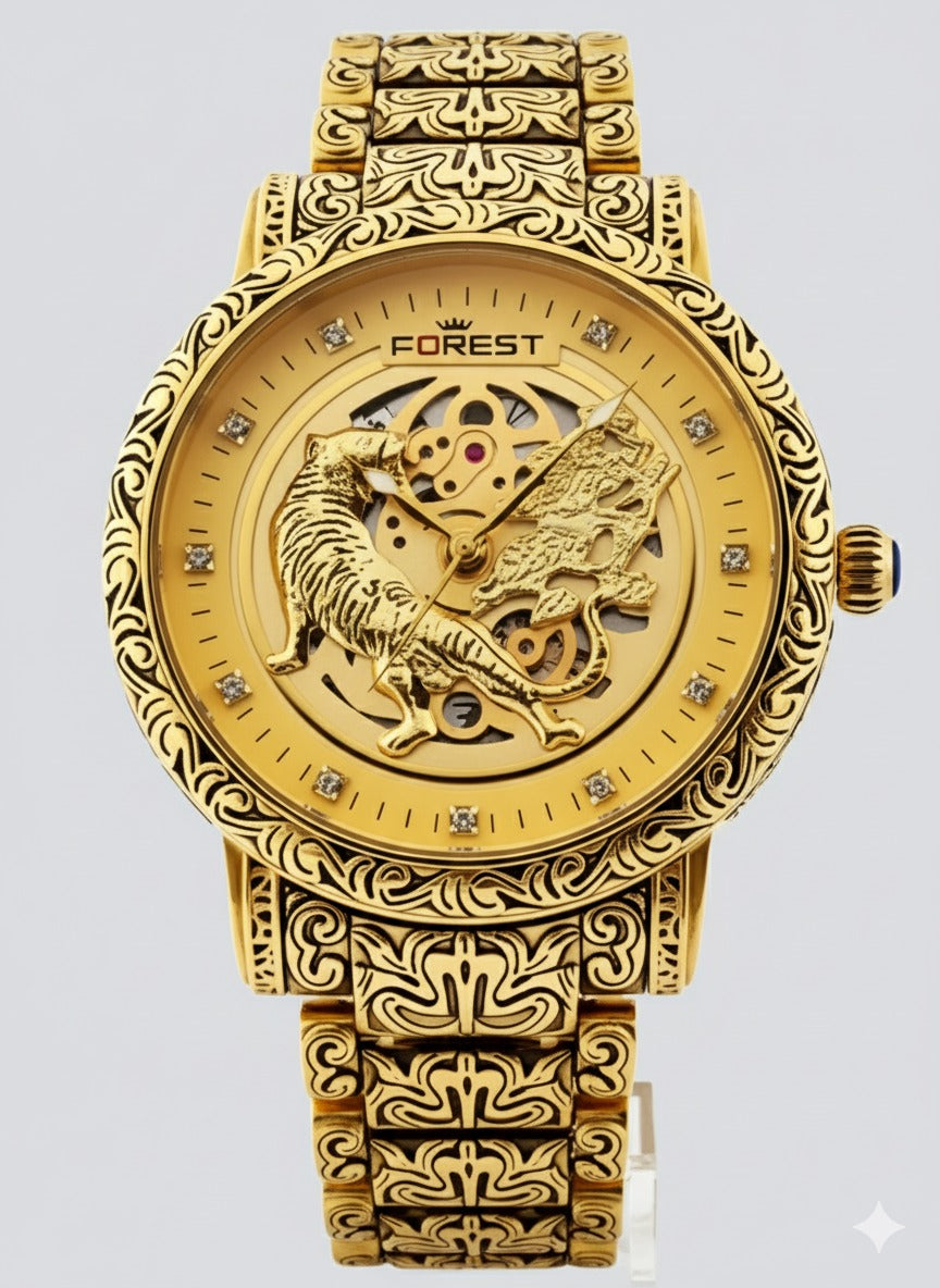 Forest Luxury Gold-Tone Dial Wrist Watches, Vintage Carved Pattern Band, Quartz Movement for Men