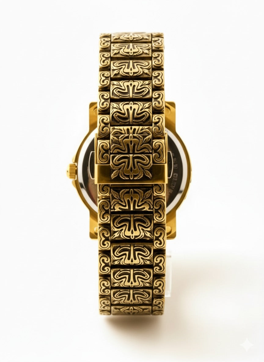 Forest Luxury Gold-Tone Dial Wrist Watches, Vintage Carved Pattern Band, Quartz Movement for Men