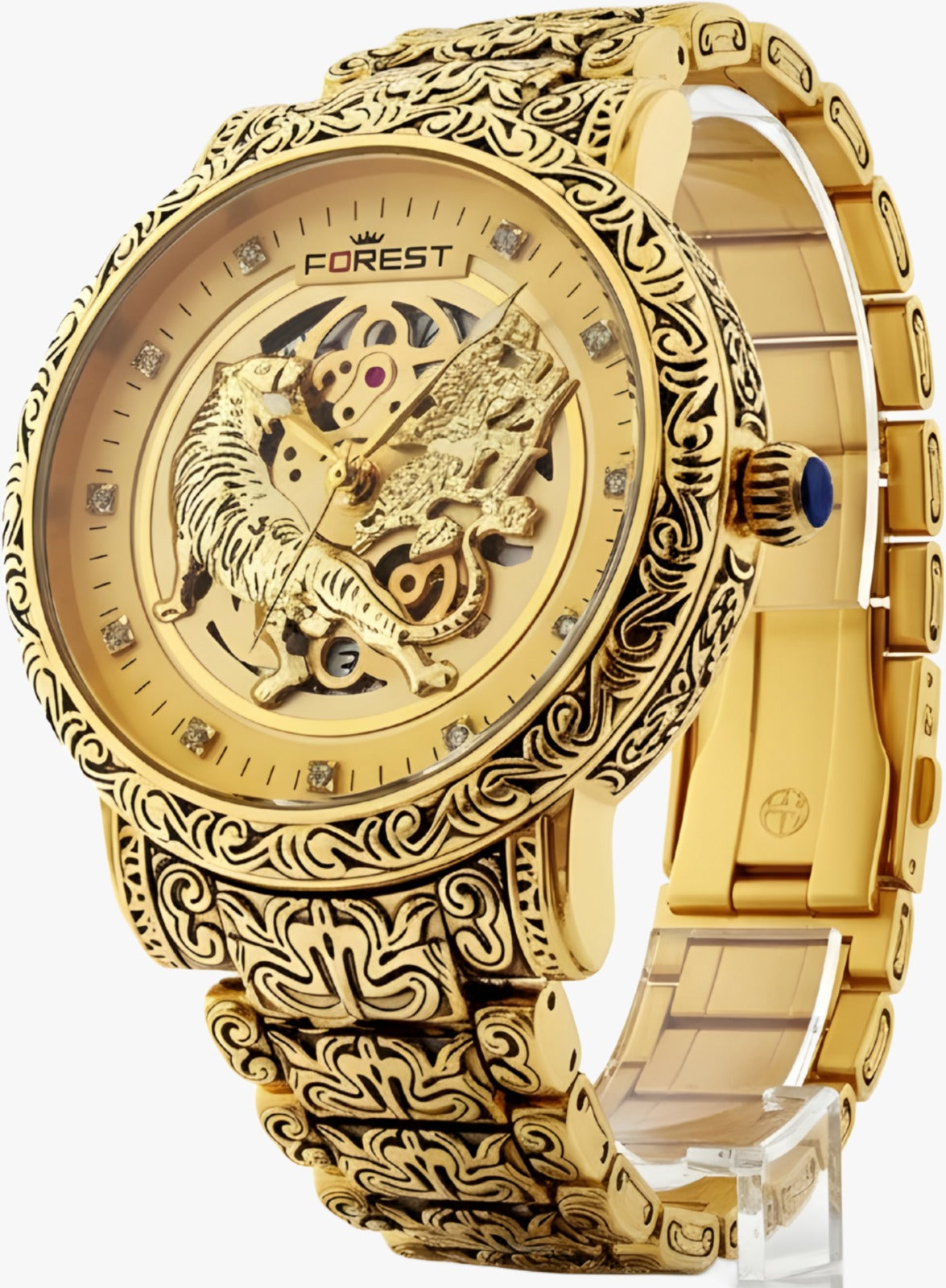 Forest Luxury Gold-Tone Dial Wrist Watches, Vintage Carved Pattern Band, Quartz Movement for Men