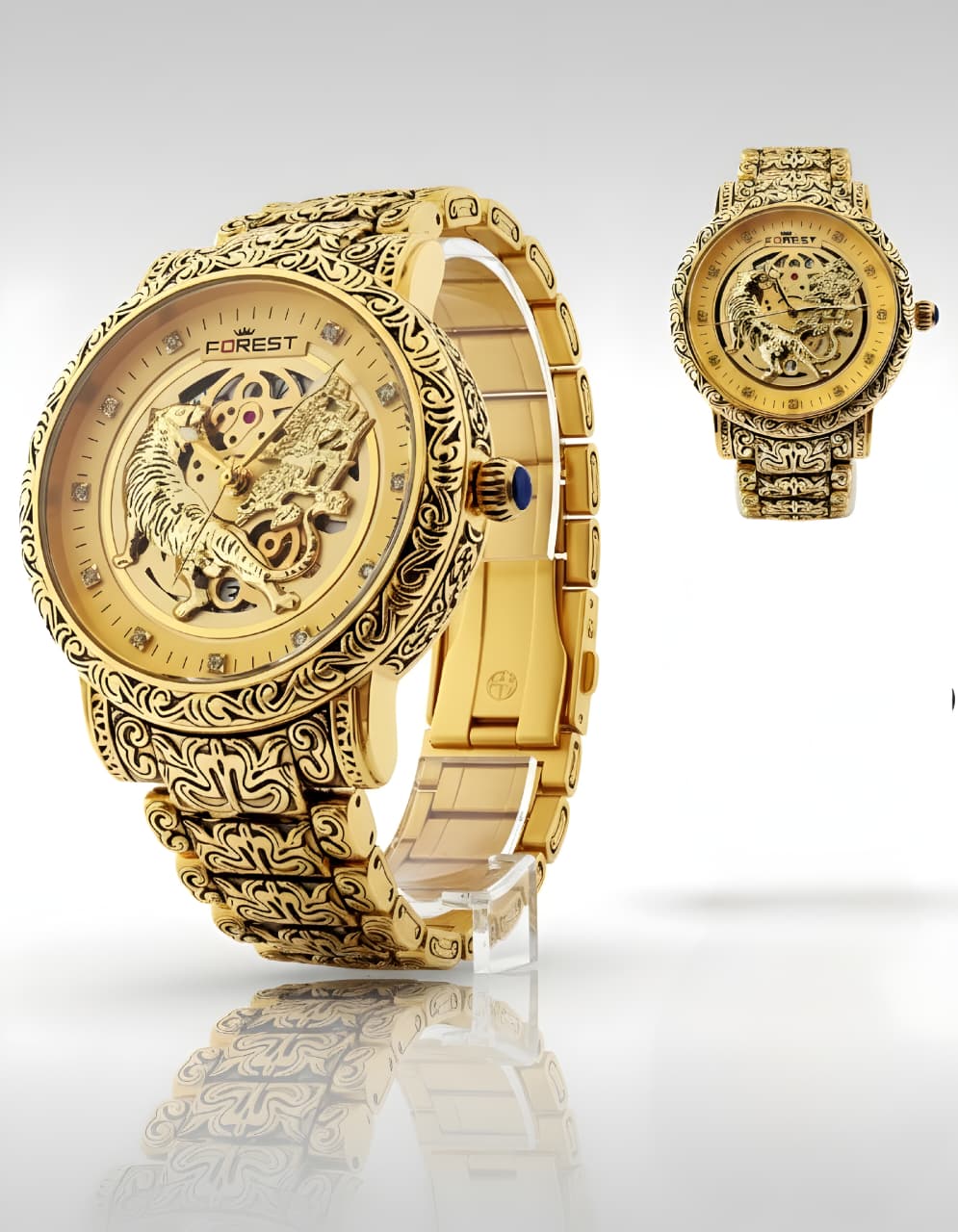 Forest Luxury Gold-Tone Dial Wrist Watches, Vintage Carved Pattern Band, Quartz Movement for Men